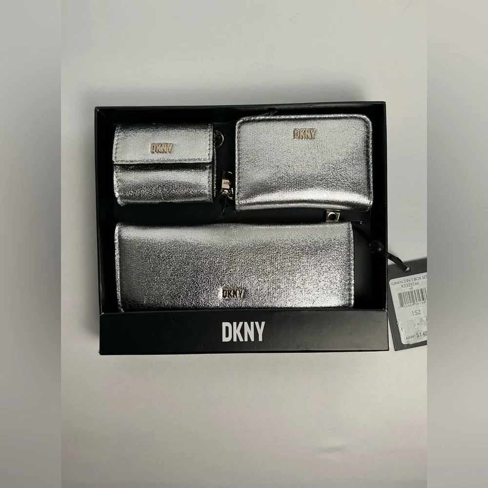 DKNY Silver Lumen 3 piece set, gift box, wallet, card holder, earbud case New